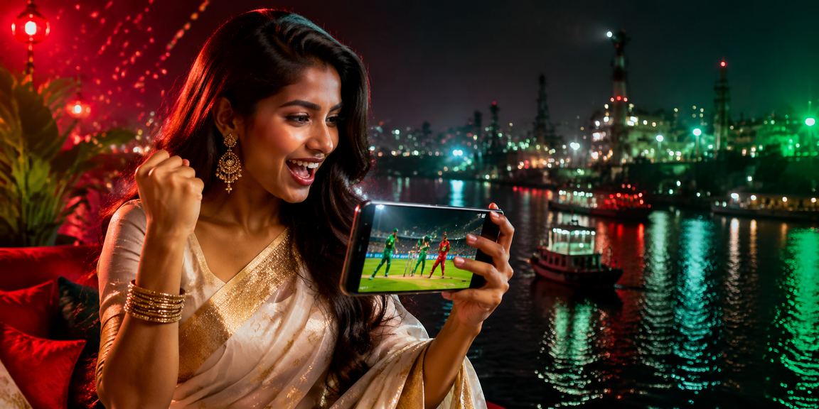 A user in Narayanganj wearing a saree buying a lottery ticket on her mobile phone
